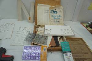 lot 208 image: Tracing letters and other stencils in homemade wooden box