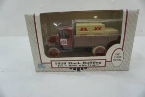 lot 228 image: Ertl. 1926 Mack Bulldog Truck Bank with Crates. IN BOX