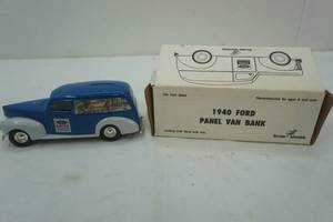 lot 239 image: 1940 Ford Panel Van Bank. Locking Coin Bank with Key.