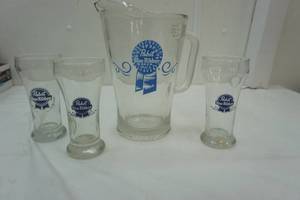 lot 252 image: Pabst Blue Ribbon Pitcher and 3 glasses