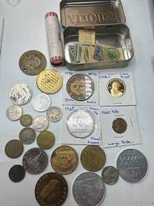 Lot of 25 Misc. Coins, Tokens, Stamps