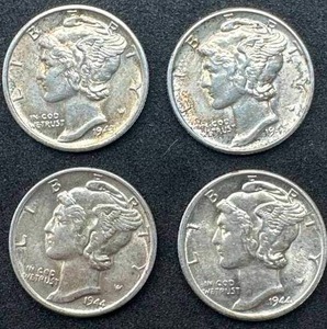 Lot of 4 Mercury Dimes AUMS (1943-S, 1944, 1944-D, 1945)