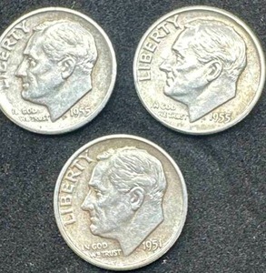 Lot of 3 Roosevelt Dimes (1951-S, 1955, 1955-S)