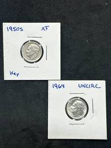 Lot of 2  Uncirculated Dime (1950-S XF, 1964)