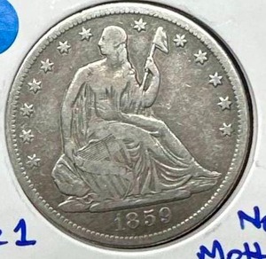 1859 Seated Liberty Half Dollar (scarce date, no mottoarrows, VF)