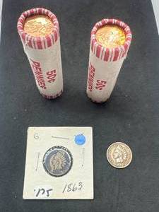 2 Indian Head Pennies & 2 Unopened Mint Rolls BU Lincoln Shield Pennies