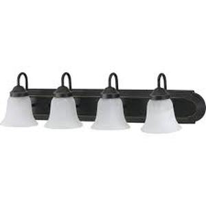 lot 7 image: Progress Lighting Solvang 30 in. 4-Light Antique Bronze Vanity Light with Etched Alabaster Glass Shades Customer Returns See Pictures