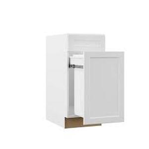 lot 9 image: Hampton Bay Designer Series Melvern Assembled 15x34.5x23.75 in. Pull Out Trash Can Base Kitchen Cabinet in White Customer Returns See Pictures