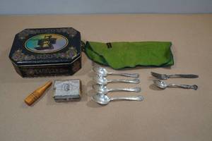 lot 103 image: Assorted Collectables -Singer Tin, Spoons