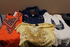 lot 344 image: Faded Glory Denim Jacket, Harley Shirts