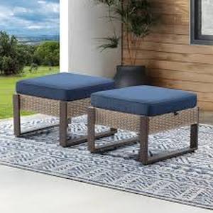 Gardenbee Wicker Outdoor Patio Ottoman with Steel Frame and Dark Blue Cushion (Set of 2)   Customer Returns See Pictures