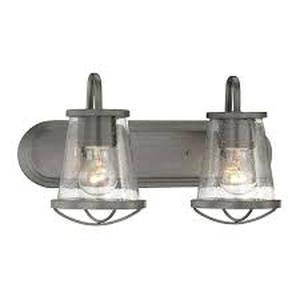 lot 17 image: Home Decorators Collection Georgina 18 in. 2-Light Weathered Iron Industrial Rustic Vanity with Clear Seeded Glass Shades and Cage Accents   Customer Returns See Pictures