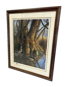 lot 45 image: Signed and Framed Jim Hautman Wood Duck Print (127580) in a 24.75 x 30.75 Frame with some Wear