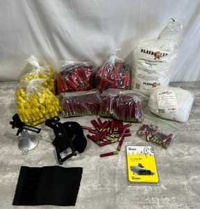 lot 48 image: Shotgun Hulls and Wads for 12 ga.41020 ga Plus Pana Vise, Uncle Mikes Sidekick RH Hip Holster Size 15, and New Williams WGRS Mini 1430 Guide Receiver Peep Sight
