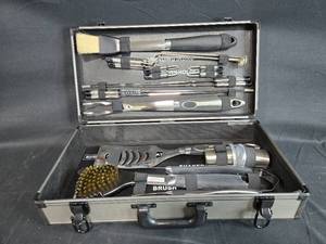 lot 40 image: BBQ Grill Tool Set with Case - Includes Spatula, Tongs, Meat Thermometer and Brush