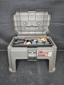 lot 53 image: Stanley Plastic Tool Box with Assorted Hand Tools and Hardware
