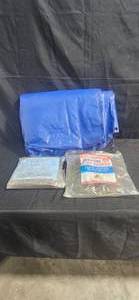 lot 27 image: Lot of 3 Assorted Items Floating Fish Basket, Sling Chaise Lounge Cover, and Blue Tarpaulin