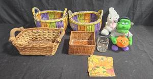 lot 57 image: Collection of Halloween-Themed Plush Toys and Decorative Baskets