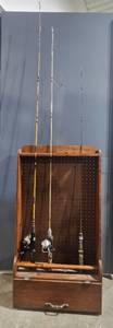 lot 61 image: Wooden Fishing Rod Display Rack with 3 Fishing Rods