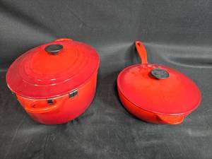 lot 124 image: Set of 2 Le Creuset Red Cast Iron Cookware - Dutch Oven and Saute Pan