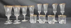 lot 128 image: Set of 12 Vintage Crystal Stemware Glasses with Gold Trim