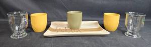 lot 130 image: Set of 5 Stoneware and Glass Cups with Decorative Serving Platter