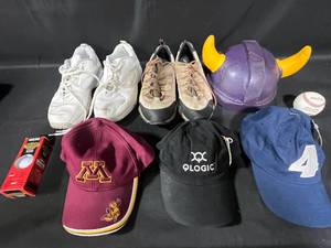 lot 210 image: Assorted Sports Gear Lot Sneakers, Caps, Baseball, and Viking Hat & New Top Flite Golf Balls