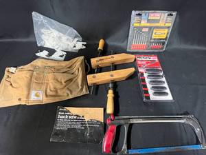 lot 219 image: Assorted Tools and Accessories Lot Including Craftsman Drill Bit Set, Hack Saw, and Tool Belt