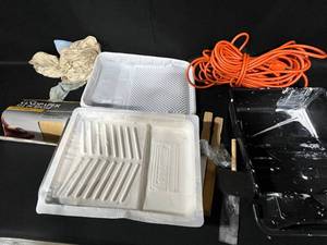 lot 223 image: Complete Painting Supplies Set including Rollers, Drop Cloths, and Sandpaper - Heavy Duty Extension Cord
