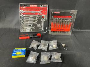 lot 225 image: Craftsman Tool Lot Ratcheting Wrench Set, Spade Bit Set, Staples, and Clamp