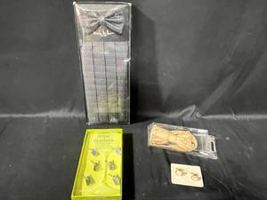 lot 70 image: Lot of Fashion Accessories Black Rattan Bow Tie, Gold Silk Bow Tie, Wine Markers, and Cufflinks