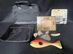 lot 75 image: Mixed Lot of Decorative Items, Including Wooden Fish, Weather Station, Calvin Klein Messenger Bag, and More