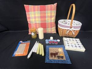 lot 78 image: Home Decor Bundle with Candles, Quilted Coasters, and Basket