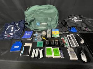 lot 97 image: Lot of Office Supplies and Promotional Items Including Bags, Pens, Lasers and Combination Locks
