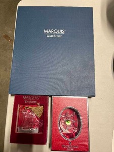 lot 142 image: Waterford Relish Tray & Set of 2 Marquis by Waterford Decorative Ornaments All in Original Boxes