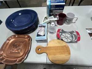 lot 146 image: Mixed Lot of Kitchen Items Including Plates, Copper Dish, and Cutting Board