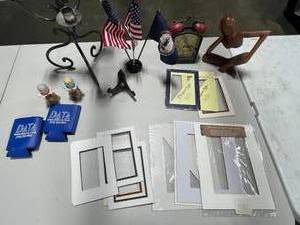 lot 149 image: Collection of Decorative Items Including Photo Mats, Flags, and Clock