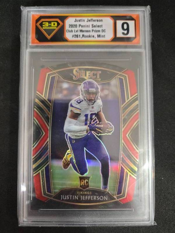 lot 210 image: 3-D Grading 9 Mint 2020 Select Maroon Prizm Die Cut Justin Jefferson Rookie #261