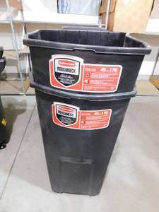 lot 64 image: (2) Rubbermaid Roughneck 45 Gal. Black Wheeled Vented Trash Can with Lid