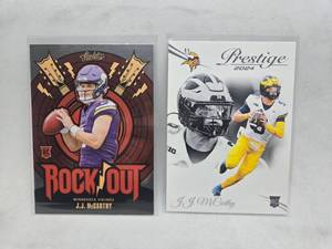 lot 221 image: (2) 2024 J.J. McCarthy Rookie Cards Absolute Rock Out & Prestige