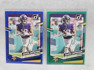 lot 223 image: (2) 2024 Donruss Justin Jefferson Cards #196 - Blue & Green Press Proofs