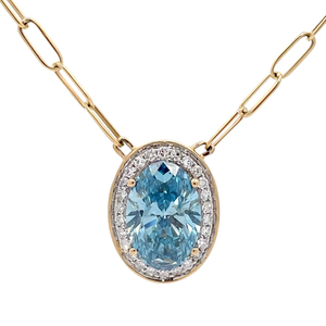 3.20 Carat Oval Fancy Blue & White Diamond Halo Pendant Paperclip Chain Necklace in 14k Yellow Gold $9,849 Retail