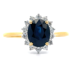 Oval Blue Sapphire & Diamond Cluster Ring in 14k Yellow Gold VIDEO