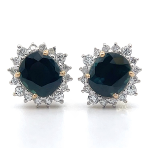 Oval Sapphire & Diamond Cluster Stud Earrings in 14k Yellow Gold VIDEO