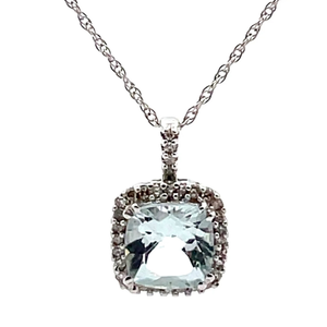 NEW Cushion Aquamarine & Pav�Diamond Halo Basket Pendant Necklace in White Gold