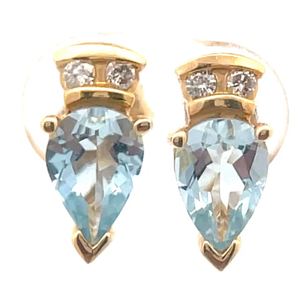 Modern Blue Topaz & Channel Diamond Earrings in 14k Yellow Gold