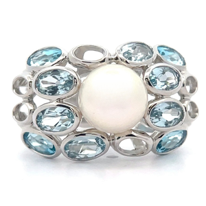 NEW White Cultured Pearl & Blue Topaz Cluster Bezel Double Band Ring VIDEO