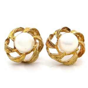 White Cultured Pearl Open Wreath Stud Earrings in 14k Yellow Gold