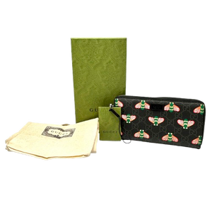Gucci Black Bestiary GG Supreme with Bees Round Zipper Wallet with Box - Pre-Owned Retail $1150