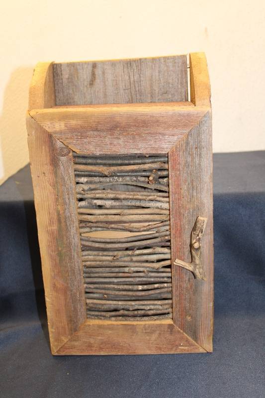 lot Y-143 image: Rustic Handmade Wooden Storage Box with Branch Accents and Two Shelves